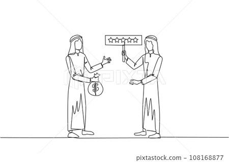 Single continuous line drawing two Arabian men standing opposite each other. One man carry money bag, the other carry rating board with 5 stars. Buy and selling reviews. One line vector illustration Single continuous line drawing two Arabian men standing opposite each other. One man carry money bag, the other carry rating board with 5 stars. Buy and selling reviews. One line vector illustration 108168877