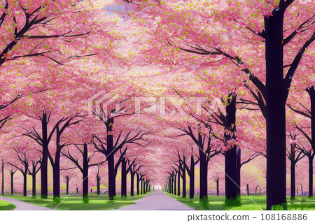 單點透視公園內一排櫻花樹的插圖 108168886