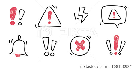 Doodle exclamation mark, alert danger sign set. Scribble hand drawn doodle exclamation triangle point, stop warning, hazard sign. Hand drawn sketch danger information sign. Vector Doodle exclamation mark, alert danger sign set. Scribble hand drawn doodle exclamation triangle point, stop warning, hazard sign. Hand drawn sketch danger information sign. Vector 108168924