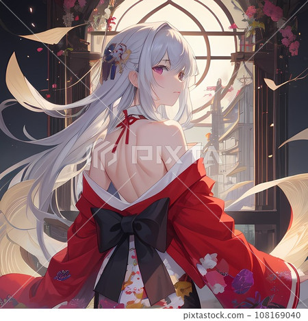 A woman with white hair wearing a kimono 108169040