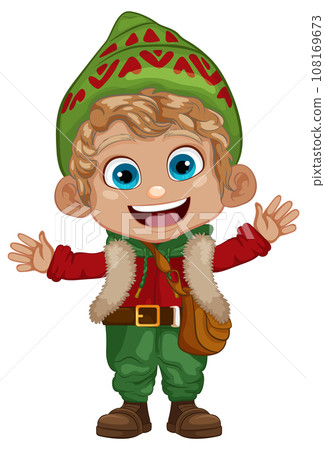 Cheerful Winter Cartoon Character: Happy Boy in Festive Attire 108169673