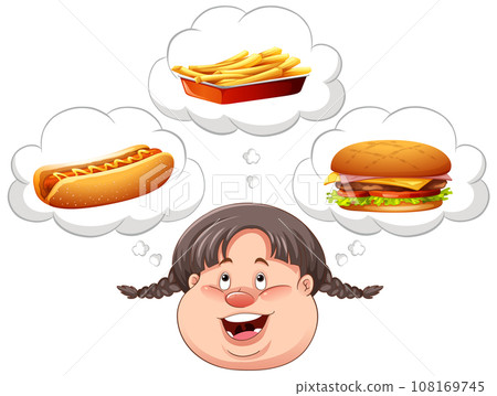 Overweight girl thinking about fast food Overweight girl thinking about fast food 108169745