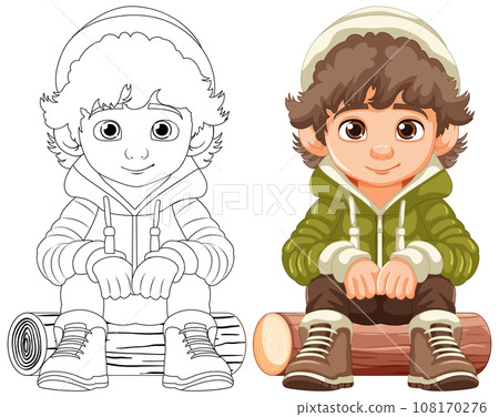 Cheerful Boy in Hoodie Sitting on Wooden Log Cheerful Boy in Hoodie Sitting on Wooden Log 108170276