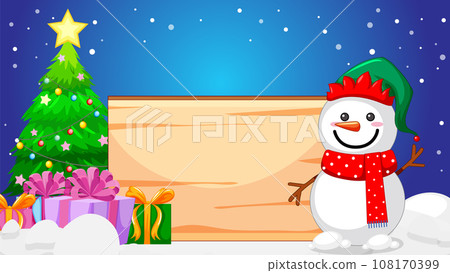 Happy Santa Claus with Wooden Banner, Christmas Tree, and Gifts Happy Santa Claus with Wooden Banner, Christmas Tree, and Gifts 108170399