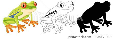 Cute Green Frog Cartoon Characters: Set with Outline and Silhouette Cute Green Frog Cartoon Characters: Set with Outline and Silhouette 108170408