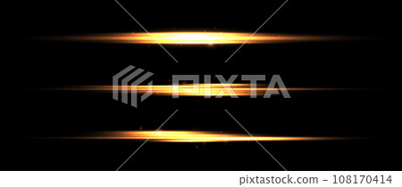 Gold neon divider lines set. Yellow glowing horizontal stripes collection. Fluorescent golden light streaks with sparks and sparkles pack. Shining beams. Vector elements for poster, banner, decor 108170414
