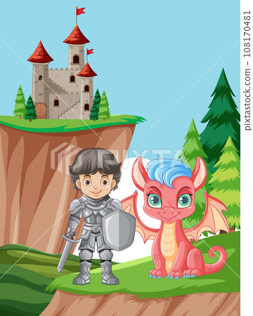 Cute Dragon with Knight and Castle Cute Dragon with Knight and Castle 108170481
