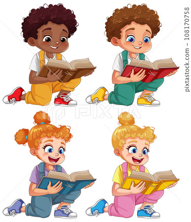 Set of boy and girl with curly hair in different skin colour reading a book 108170758