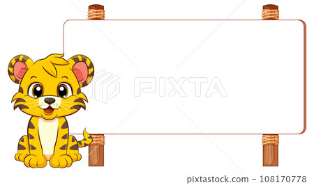 Playful Tiger Cartoon Standing in Front of Signboard Banner 108170778