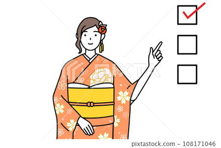 A woman in a long-sleeved kimono pointing at a checklist, at a New Year's shrine visit, coming-of-age ceremony, graduation ceremony, wedding, etc. 108171046