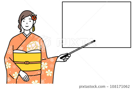 A woman in a long-sleeved kimono pointing at a whiteboard with a pointing stick, at a New Year's shrine visit, coming-of-age ceremony, graduation ceremony, wedding ceremony, etc. A woman in a long-sleeved kimono pointing at a whiteboard with a pointing stick, at a New Year's shrine visit, coming-of-age ceremony, graduation ceremony, wedding ceremony, etc. 108171062
