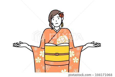 A woman in a long-sleeved kimono who is in trouble with her shoulders shrugged and her hands outstretched. 108171068