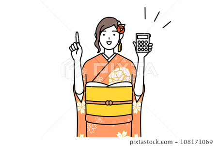 A woman in a long-sleeved kimono holding a calculator and pointing at it, at New Year's shrine visits, coming-of-age ceremonies, graduation ceremonies, weddings, etc. 108171069