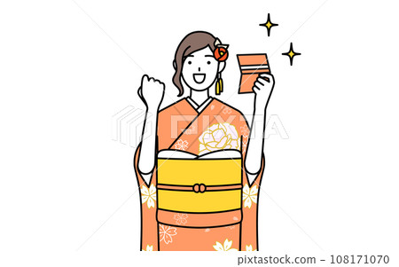 A woman in a long-sleeved kimono rejoices when she looks at her bankbook, and at New Year's shrine visit, coming-of-age ceremony, graduation ceremony, wedding ceremony, etc. 108171070