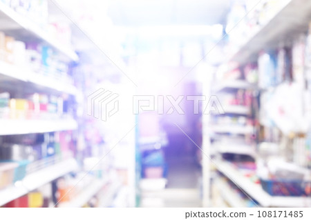 Abstract blurred background of stationery and crafts retail shop show aisle , many products and shelves. Abstract blurred background of stationery and crafts retail shop show aisle , many products and shelves. 108171485