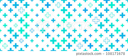 Medical cross and plus background. Abstract seamless blue and green pattern for hospital and pharmacy. Geometrical shapes ornament. Vector backdrop Medical cross and plus background. Abstract seamless blue and green pattern for hospital and pharmacy. Geometrical shapes ornament. Vector backdrop 108171678