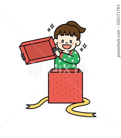 Illustration of a child opening a Christmas present: Girl 108171763