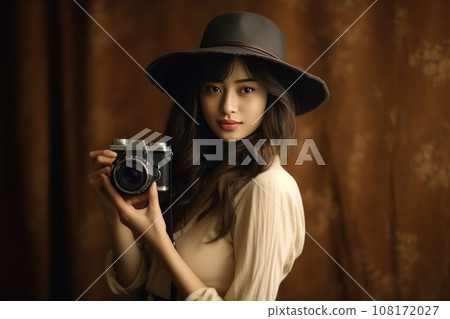 Portrait a woman in a hat holding a camera. Generative AI 108172027