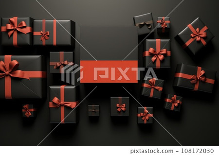 Black Friday banner with gift boxes in top view. Generative AI 108172030