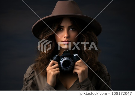 Portrait a woman in a hat holding a camera. Generative AI 108172047