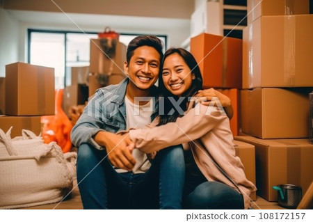 Couple unboxes possessions in their first home ownership. Generative AI Couple unboxes possessions in their first home ownership. Generative AI 108172157
