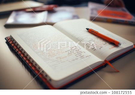 School notebook with written text. Generative AI 108172555