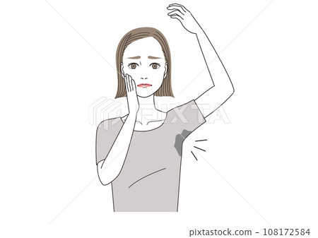 患有腋汗的女性,灰色衣服使腋汗更加突出。 患有腋汗的女性,灰色衣服使腋汗更加突出。 108172584