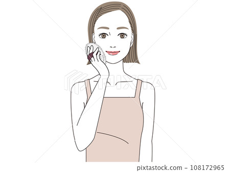 A woman applying face powder on her face with a puff A woman applying face powder on her face with a puff 108172965