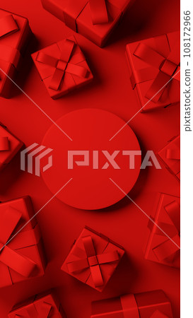 Red pedestal and present box. Overhead view. 3D (vertical) 108172966
