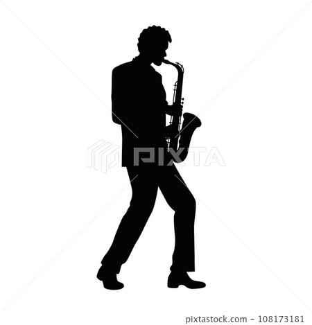 Man with saxophone silhouette, jazz musician, silhouette of saxophonist Man with saxophone silhouette, jazz musician, silhouette of saxophonist 108173181