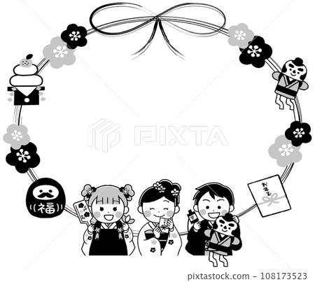 New Year frame material illustration of children in kimono 108173523