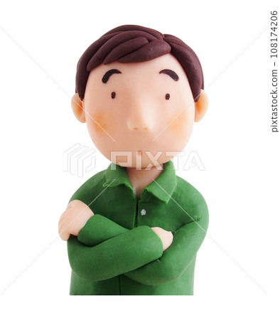 Front view of the upper body of a chubby man who looks a little worried with his arms crossed (clay 3D illustration) 108174206