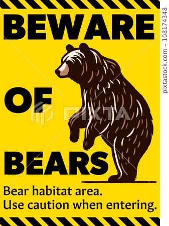 "Beware of bear infestation" poster design, yellow background, standing bear and danger tape "Beware of bear infestation" poster design, yellow background, standing bear and danger tape 108174348