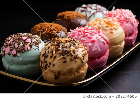 A box filled colorful dounts by Arthur Pan, pexels, in rich color, in a row, food photography, minimal Generative AI A box filled colorful dounts by Arthur Pan, pexels, in rich color, in a row, food photography, minimal Generative AI 108174600