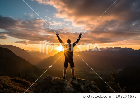 Silhouette stands triumphantly on the green mountain top Raise your arms and make a fist Generative AI 108174653