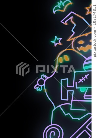 Neon style wallpaper with lantern pumpkin, ghost, Frankenstein and sweets 108174811