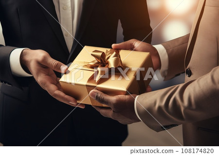 Focus on a woman's hand offering a gift with a ribbon on different places Generative AI 108174820