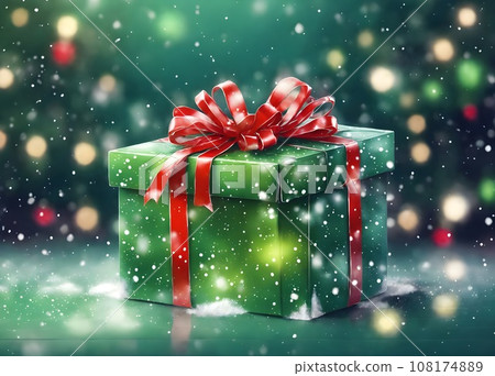 Green gift box on table with glitter blurry background Green gift box on table with glitter blurry background 108174889