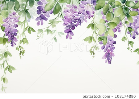 Watercolor wisteria with green leaves, frame on white background with copy space Watercolor wisteria with green leaves, frame on white background with copy space 108174890