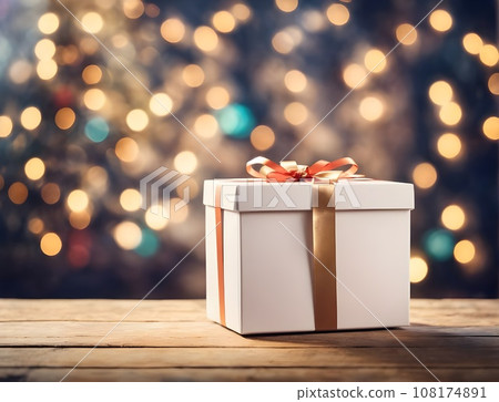 White gift box on table with glitter blurry background White gift box on table with glitter blurry background 108174891