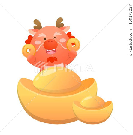 俏皮可愛的龍角色或吉祥物與金元寶與金幣,中國神話動物,農曆新年的向量卡通人物 俏皮可愛的龍角色或吉祥物與金元寶與金幣,中國神話動物,農曆新年的向量卡通人物 108175227