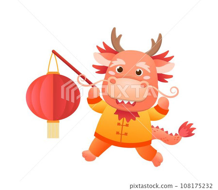 Playful and cute dragon character or mascot with lantern, Chinese mythological animal, Chinese New Year vector cartoon character Playful and cute dragon character or mascot with lantern, Chinese mythological animal, Chinese New Year vector cartoon character 108175232