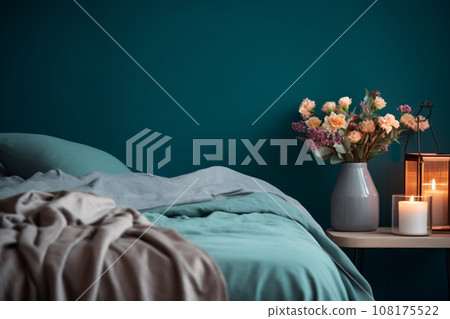Stylish Modern Cozy Bedroom in Dark Colors, Cozy Interior with Turquoise Walls and Home Decor 108175522