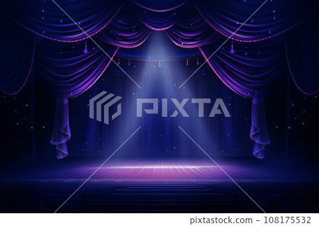 Empty Dark Blue Purple Theater Stage with Curtains and Spotlight 108175532