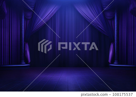 Empty Dark Blue Purple Theater Stage with Curtains and Spotlight 108175537