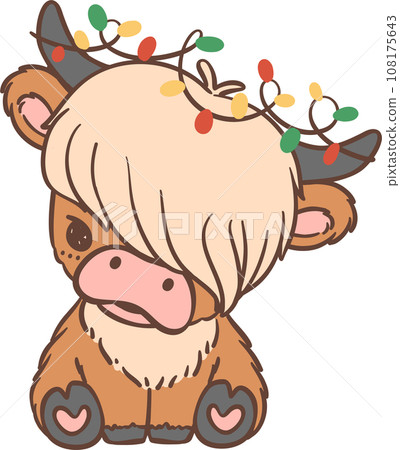 Cute Christmas highland cow cartoon kid hand drawing 108175643