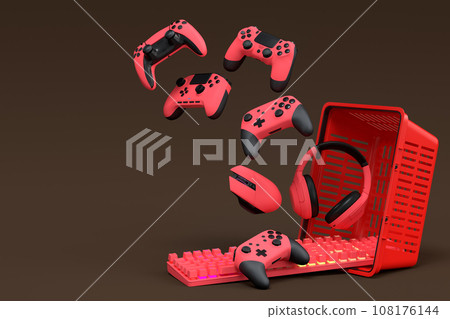 Gamer gears like mouse, keyboard, joystick, headset, VR in plastic wire basket Gamer gears like mouse, keyboard, joystick, headset, VR in plastic wire basket 108176144