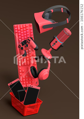 Gamer gears like mouse, keyboard, joystick, headset, VR in plastic wire basket 108176152