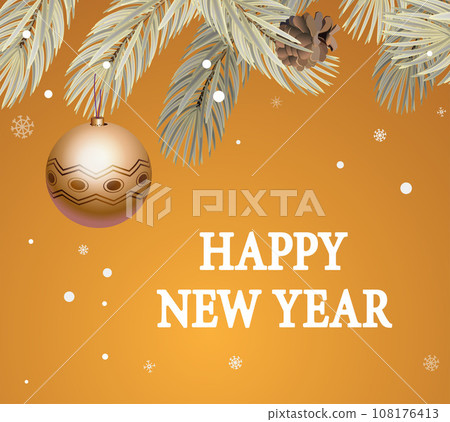 New Year's illustration with fir branches on a golden background and a golden ball. Vector. 108176413