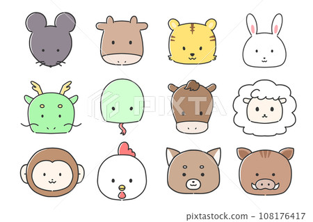 可愛的十二生肖動物面孔插圖集 可愛的十二生肖動物面孔插圖集 108176417